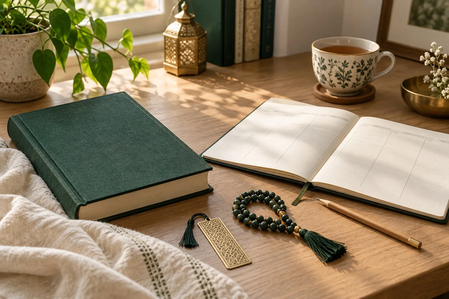 A calm study desk with a planner, prayer beads and a green study book.