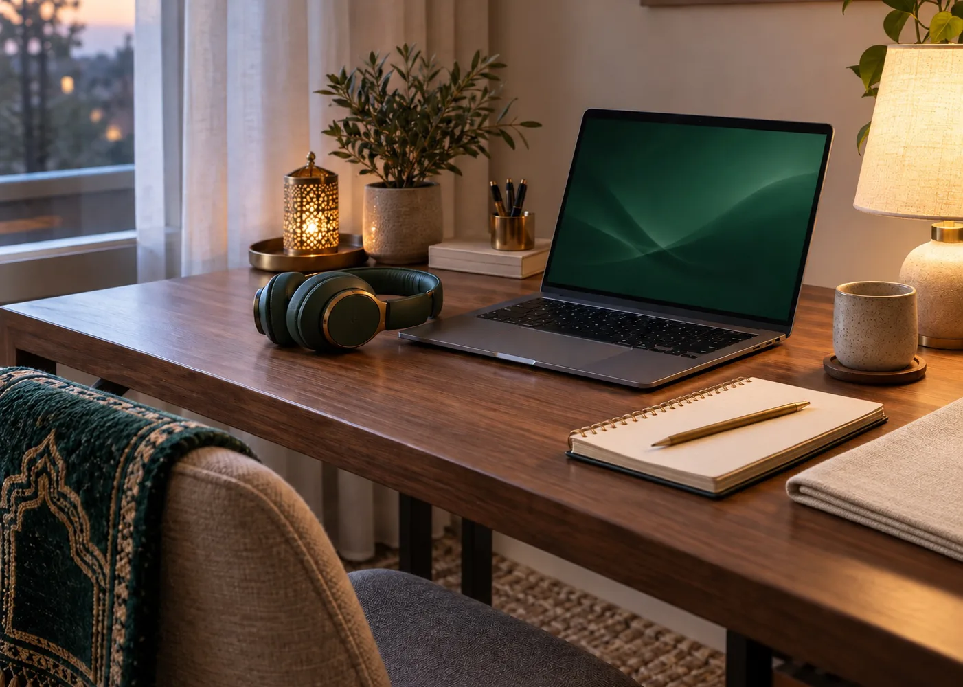 A laptop and headphones prepared for an online private lesson.